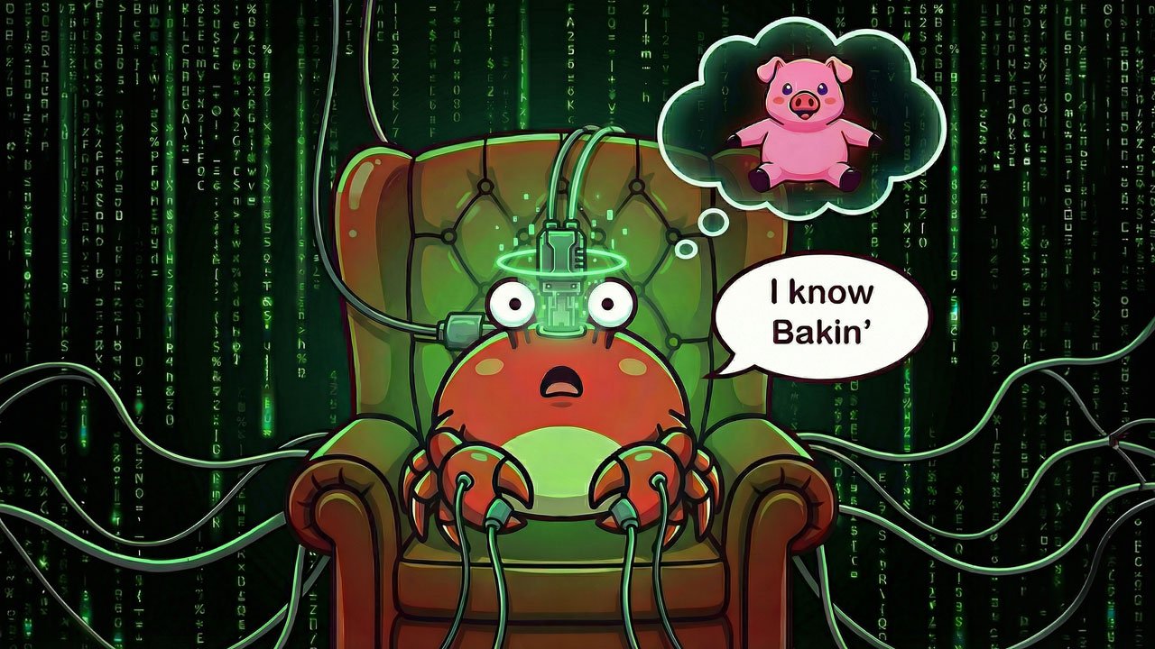 A crab in a matrix-style chair saying I know Bakin'.
